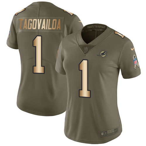 Nike Miami Dolphins #1 Tua Tagovailoa Olive Gold Women Stitched NFL Limited 2017 Salute To Service Jersey->women nfl jersey->Women Jersey